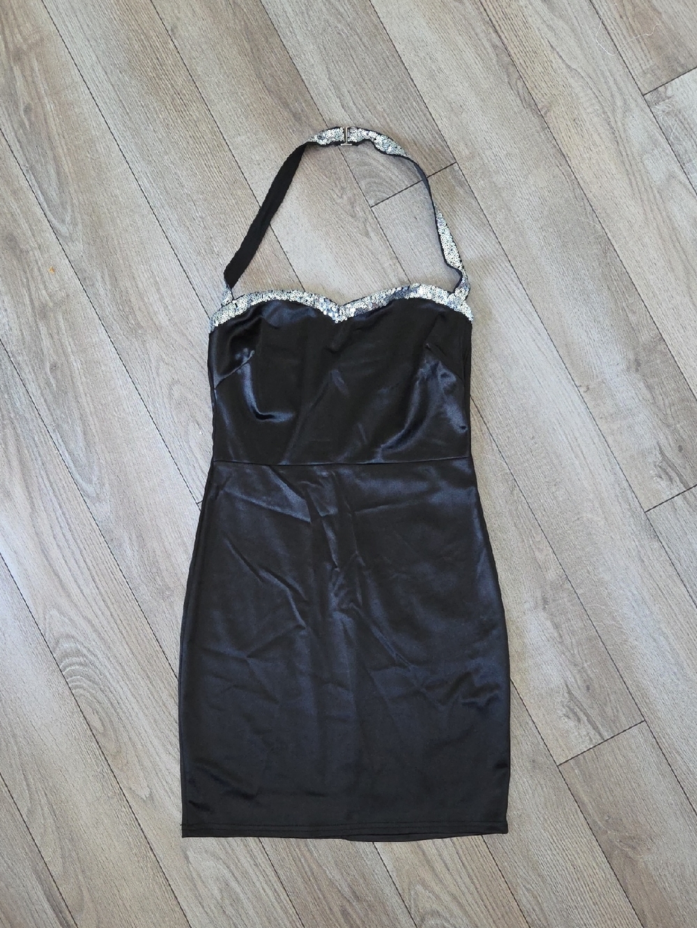 Windsor Black Satin Halter Mini Dress with Silver Sequin Trim Small